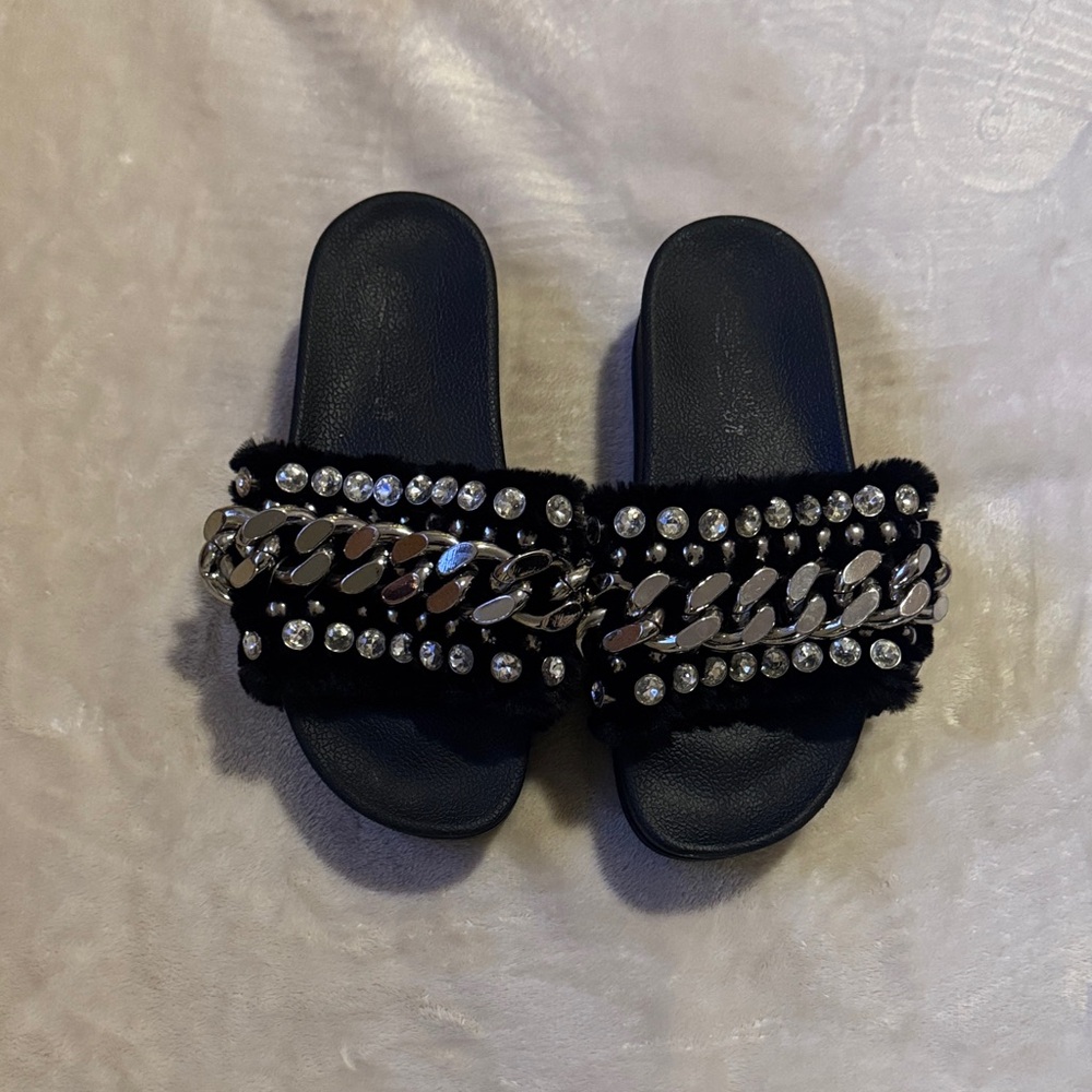 Jeffrey Campbell Black Furry platform Slides with Rhinestone Chain
